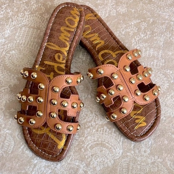 Brand New Sam Edelman Genuine Leather Sandals Cognac w/ Gold Tone Studs - Picture 2 of 14